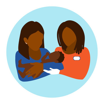 The lactation adviser helps the african american mother attach the newborn baby. Postpartum support, nursing mothers care. Communicating breastfeeding issues.