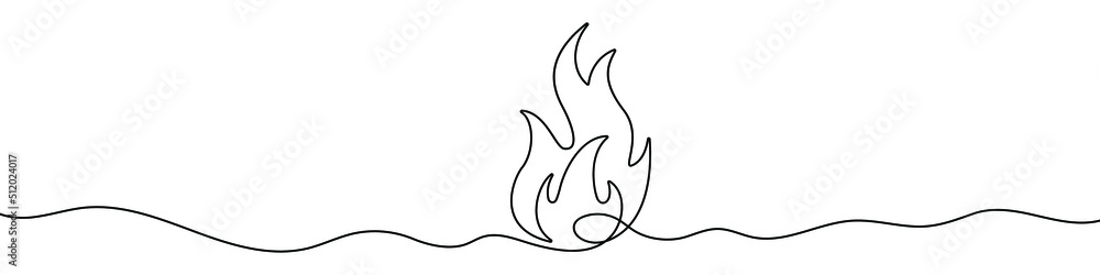 Poster continuous line drawing of fire. flame linear icon. one line drawing background. vector illustration