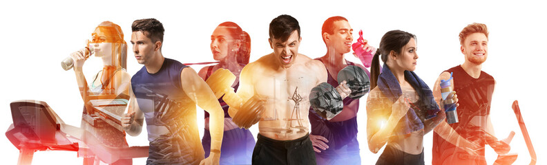 Double exposure of sporty people and modern gym on white background