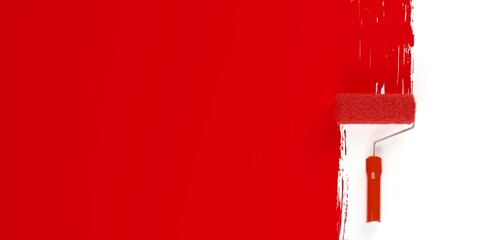 Red paint roller with red painted wall or area over white background, home renovation or painting template with copy space