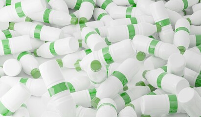 Large heap of white plastic bottles with green label and cap, waste or plastic trash recycling concept