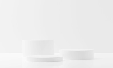 Three round white empty, blank dais, podium or platform with white background, product presentation template mock-up