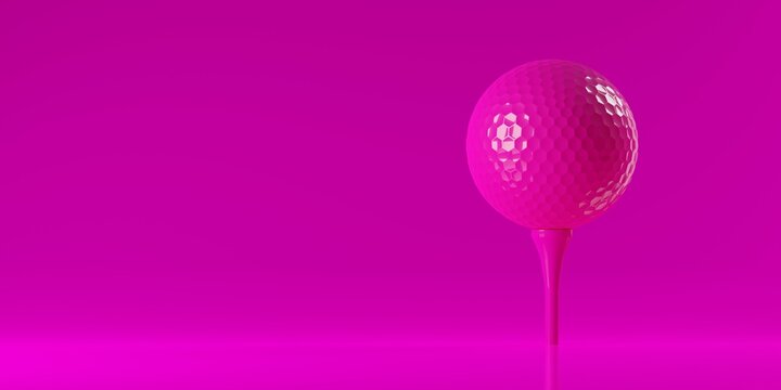 Pink golf ball on pink golf tee over pink background with copy space