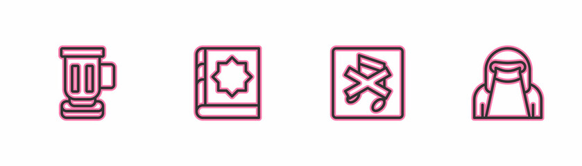 Set line Medieval goblet, Speaker mute, Holy book of Koran and Muslim woman in niqab icon. Vector