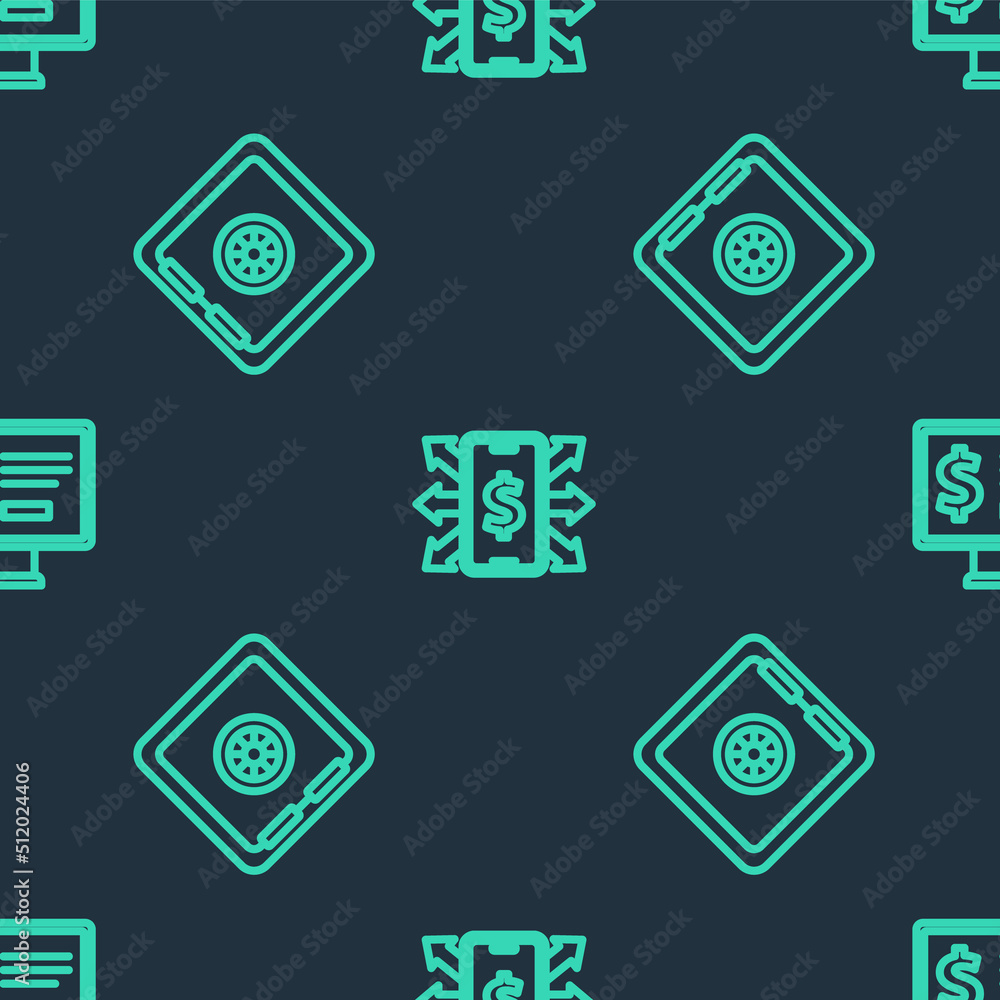 Poster Set line Smartphone with dollar, Safe and Monitor on seamless pattern. Vector