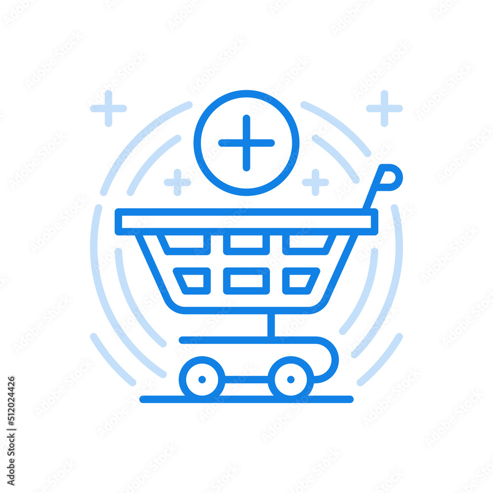 Poster loading goods into cart vector line icon. basket wheels with plus symbol in circle.