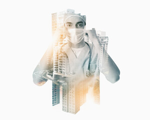 Double exposure of modern city buildings and male doctor in medical mask on white background
