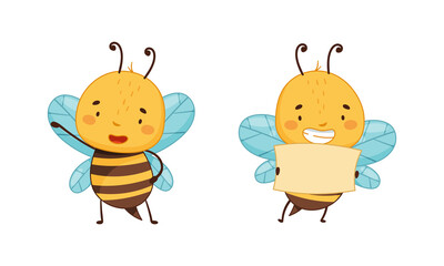 Cute happy funny bee set. honey bee holding blank banner cartoon vector illustration
