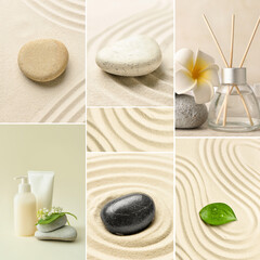 Beautiful spa collage with zen garden, stones and natural cosmetics