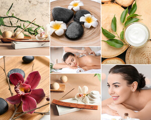Beautiful spa collage with young woman, massage stones, flowers and cosmetics