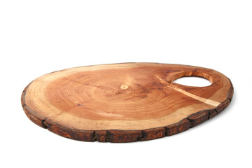 Wooden cutting board isolated on white background. Tree trunk cut for product presentation