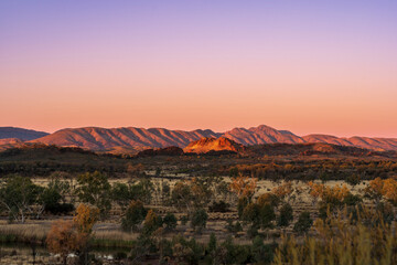 View of the West Macdonnel ranges from the Mt Sonder lookout at sunset, Central Australia.
