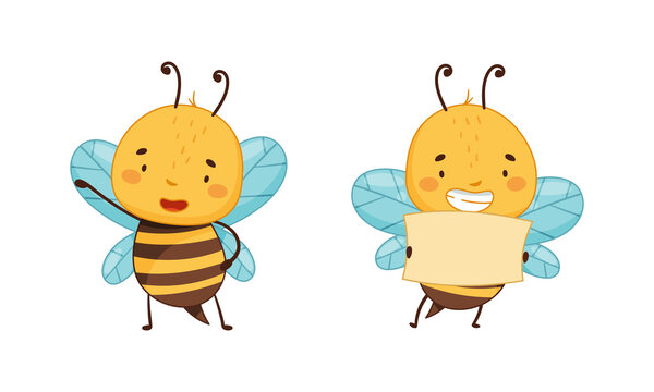 Cute Happy Funny Bee Set. Honey Bee Holding Blank Banner Cartoon Vector Illustration