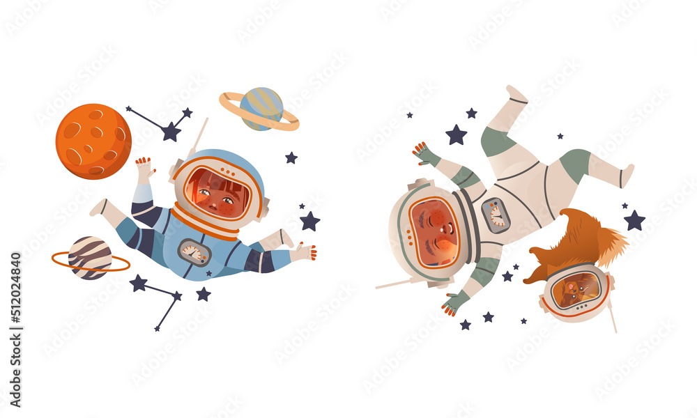 Poster boys in spacesuits flying in outer space set. cute children dreaming of becoming astronauts vector i