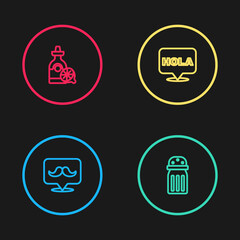 Set line Mustache, Salt, Hola and Tequila bottle with lemon icon. Vector