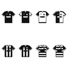 Eight vector template icons of black soccer jerseys with short sleeves, stripes, logo, rectangles on a white background