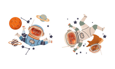 Boys in spacesuits flying in outer space set. Cute children dreaming of becoming astronauts vector illustration © Happypictures