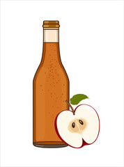 Apple Cider Bottle Ale Or Punch Ready to Drink. Vector illustration of alchohol drink and red halved apple  in flat style on white background