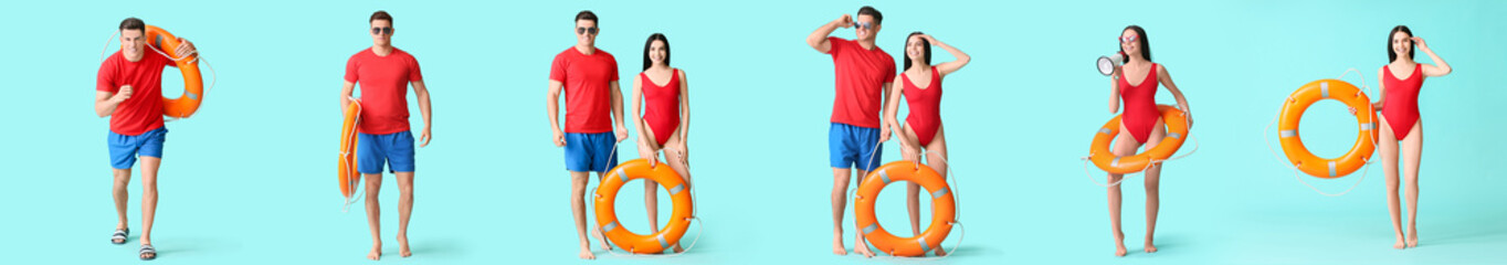 Set of beach rescuers on light blue background