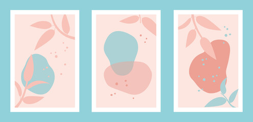 Abstract natural background set with hand drawn leaves and shapes in pink and blue pastel muted colors. Modern contemporary art illustrations, banners, poster, print, templates
