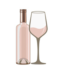 Rose pink wine bottle and wineglass, flat style vector illustration isolated on white background