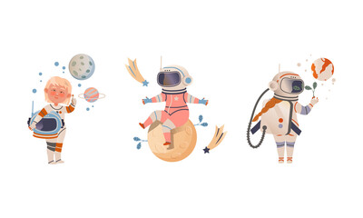 Cute children dreaming of becoming astronauts set. Kids in spacesuits exploring new planets vector illustration