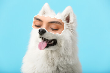 Cute Samoyed dog with human eyes on light blue background