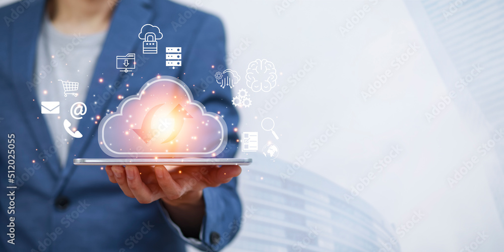 Poster businessman hand hold data information on the cloud computing technology internet storage network co