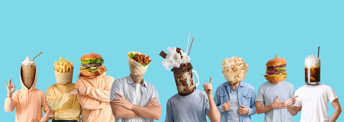 Young people with tasty food and drinks instead of their heads on blue background