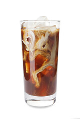 Glass of delicious cold brew coffee with milk on white background
