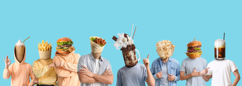 Young people with tasty food and drinks instead of their heads on blue background - Powered by Adobe