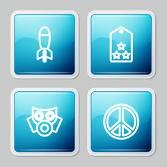 Set line Rocket launcher, Military rank, Gas mask and Peace icon. Vector