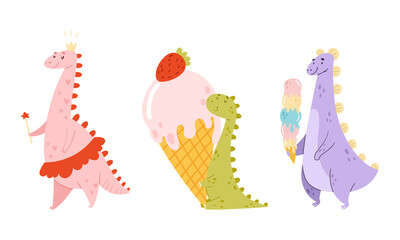 Cute baby dinosaurs eating ice cream. Funny animal enjoying of eating tasty dessert cartoon vector illustration