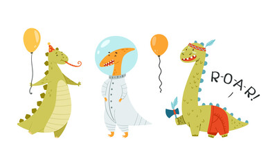 Obraz na płótnie Canvas Dino party. Cute funny dinosaurs dressed carnival masquerade costumes cartoon vector illustration