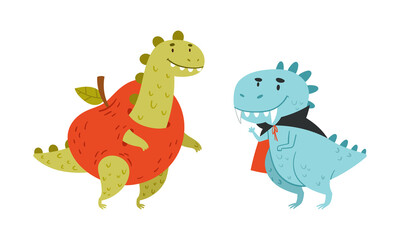 Cute funny dinosaurs dressed for carnival or masquerade party cartoon vector illustration