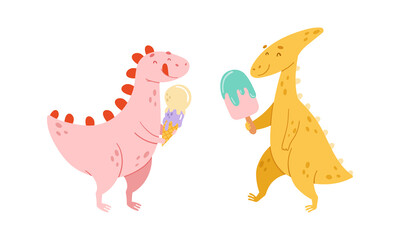 Two cute little dinosaurs enjoying of eating ice cream cartoon vector illustration