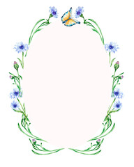 Frame with meadow blue flowers, butterfly watercolor illustration isolated.