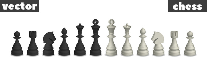 Vector samples. 3d set of black and white chess pieces. Isolated volumetric figures of the king, queen, bishop, knight, rook and pawn
