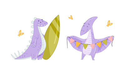 Cute baby dinosaurs activities set. Funny dino holding surfboard and party flag cartoon vector illustration
