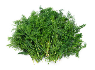 a bunch of green dill in detail, object is isolated on a white background, concept of fresh vegetables and healthy food