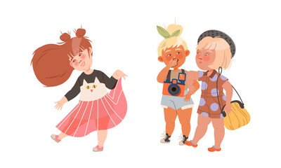 Adorable little girls wearing stylish trendy outfit walking with camera vector illustration