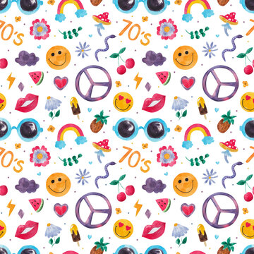 Seamless pattern of watercolor elements: hippie, freedom sign, glasses, flower, snake, pineapple, cherry, smiley, lips.