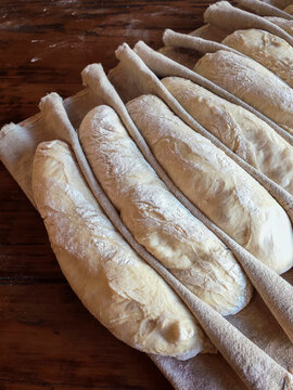 Baguette dough arranged on table at French bakery