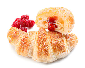 Delicious croissants with raspberry jam on white background