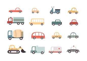 Cute cars set. Colorful vector illustration, hand drawing. flat style, colorful vector for kids. baby design for cards, poster decoration, t-shirt print