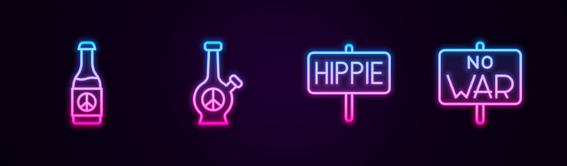 Set line Beer bottle, Bong, Peace and No war. Glowing neon icon. Vector