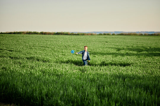 Playful boy with pinwheel toy walking in grassy field