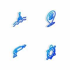 Set Isometric line Scallop sea shell, Floating buoy, Fishing harpoon and Turtle icon. Vector