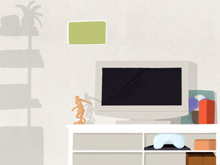 Illustration of a bedroom or living room with a TV and a dresser