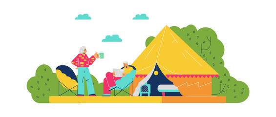 Old people relaxing in front of the tent in the woods, flat vector illustration isolated on white background.